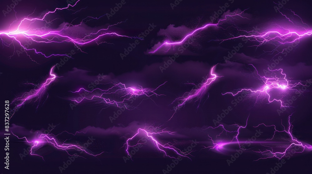 Poster sprite sheet with lightnings, thunderbolt strikes set for animation. vector realistic set of purple 