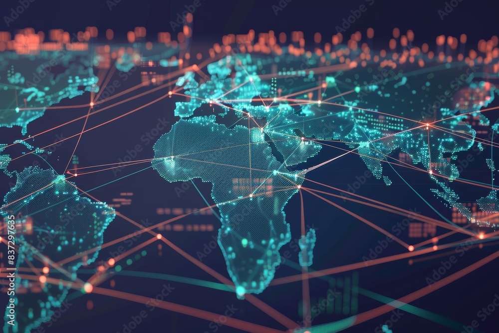 Poster global container shipping routes diagram with dotted lines on a world map for logistics visualizatio
