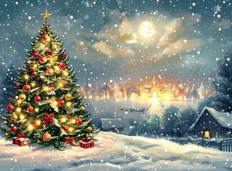 Naklejka premium Christmas Eve in Snowy Village