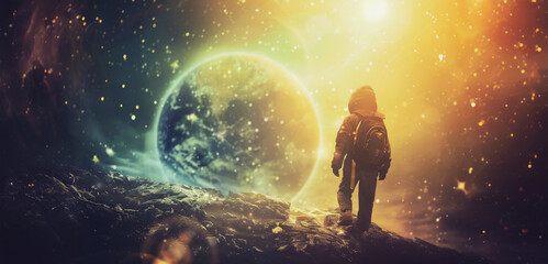 Obraz premium Child in astronaut suit on alien planet