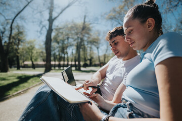 Two students seated on a park bench, discussing homework and studying with notes and a laptop, surrounded by the tranquility of nature.