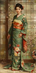 Naklejka premium Japanese Woman in a Traditional Green Kimono with Floral Pattern