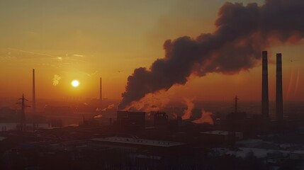 Winter sunset, silhouetted power plant with smoke from burned coal pipes visible
