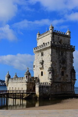 Lisbon Cityscape - Portugal - Europe - September 2021-Belem Tower, Portuguese historical monument on Tagus River in Lisbon during beautiful summer sunny day. This was during the Covid 19 Pandemic.