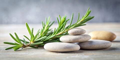 Tranquil wellness concept with rosemary and pebbles on minimalist neutral background