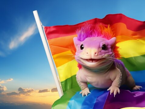 Vibrant pink lizard with rainbow mohawk on LGBTQ flag, sunny sky background. Celebrating diversity and pride.
