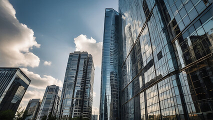 Urban Giants: Ground View of Towering Skyscrapers in the City