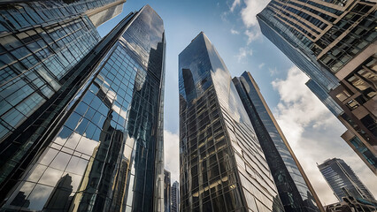 Fototapeta premium Urban Giants: Ground View of Towering Skyscrapers in the City