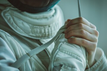 Fencer's Hand Adjusting Mask Strap: Precision and Care in Preparation for Fencing Match