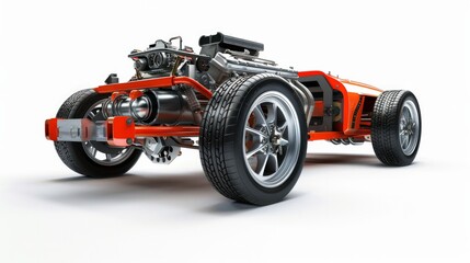 An image of a car chassis with an engine is isolated on a white background.