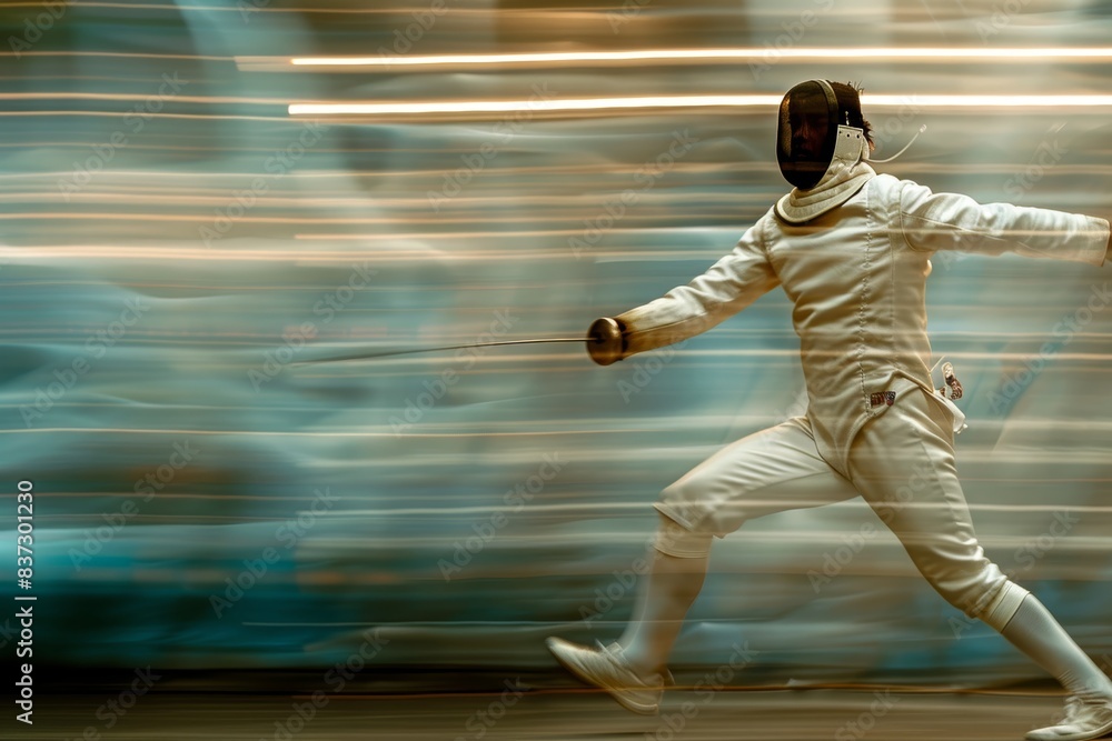 Poster dynamic olympian fencing action with motion blur highlighting speed and precision