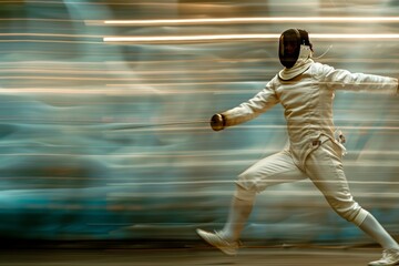 Dynamic Olympian Fencing Action with Motion Blur Highlighting Speed and Precision
