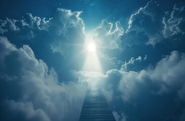 Fototapeta premium Wooden Pathway Leading To A Doorway In The Clouds