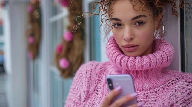 Young Woman Using Smartphone In Pink Alley