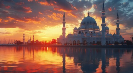 Fototapeta premium Majestic Mosque Reflecting in Calm Water at Sunset