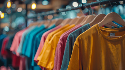 Obraz premium array of plain t-shirts in different shades hanging on a hanger, with a store interior blurred in the background
