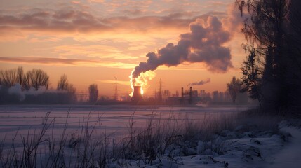 Fototapeta premium Winter sunset, silhouetted power plant with smoke from burned coal pipes visible