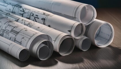 Fototapeta premium Assortment of rolled and unfolded architectural blueprints on a desk, conceptually highlighting planning and design