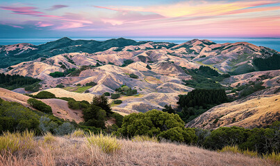 Fototapeta premium AI generated illustration of a sun setting behind rolling hills with distant mountains on horizon