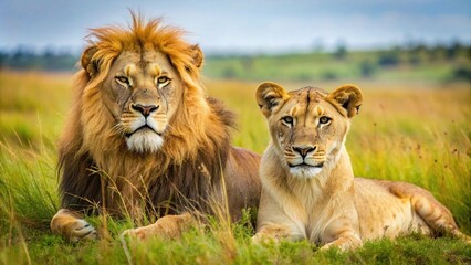 Lion and lioness resting in the Serengeti savannah - Powered by Adobe