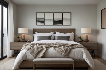 Modern Bedroom with Elegant Wooden Furniture, Cozy Textiles, and Artistic Wall Decor for a Serene Living Space