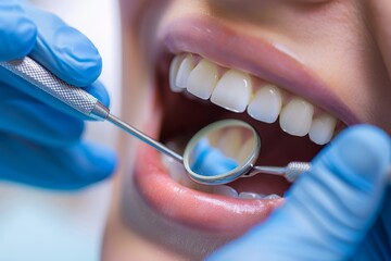 A dentist is cleaning a patient's teeth with a mirror