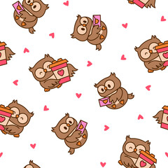 Cartoon happy owl characters. Seamless pattern. Cute kawaii forest birds. Hand drawn style. Vector drawing. Design ornaments.