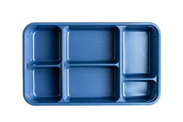 Top view of a blue compartmentalized food tray, without food
