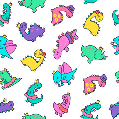 Funny cute girls dinosaurs. Seamless pattern. Kawaii baby dino princess character. Hand drawn style. Vector drawing. Design ornaments.