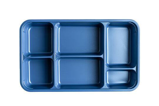 Top view of a blue compartmentalized food tray, without food