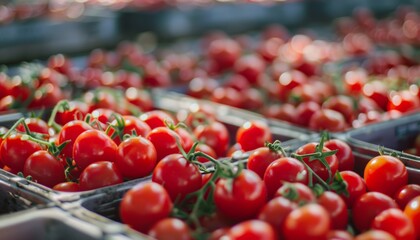 Organic red tomatoes, fresh summer market agriculture farm background full of ripe vegetables