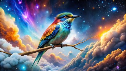 An exotic bird resting against a backdrop of cosmic clouds and sparkling stars