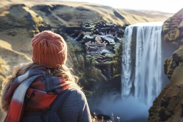 Naklejka premium Woman enjoying the sunlight while overlooking the magnificent skogafoss waterfall in iceland