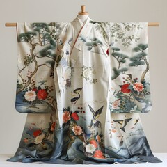 Japanese Traditional Kimono with Floral and Bird Patterns