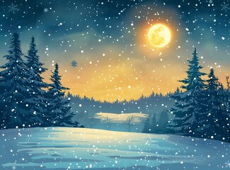 Snowy forest landscape with moon
