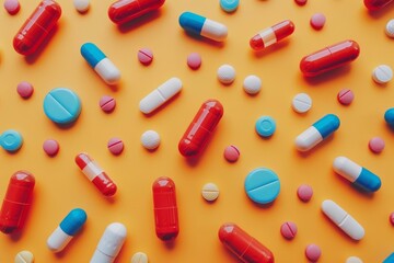 Assorted medication pills and capsules arranged in vibrant close-up flat lay composition