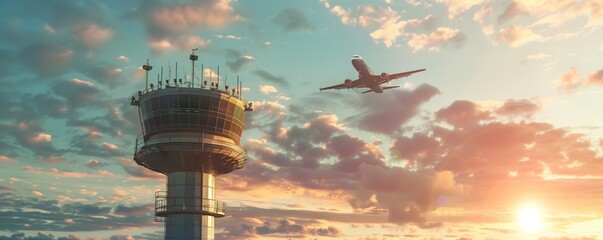 Air traffic control tower with plane in the sky