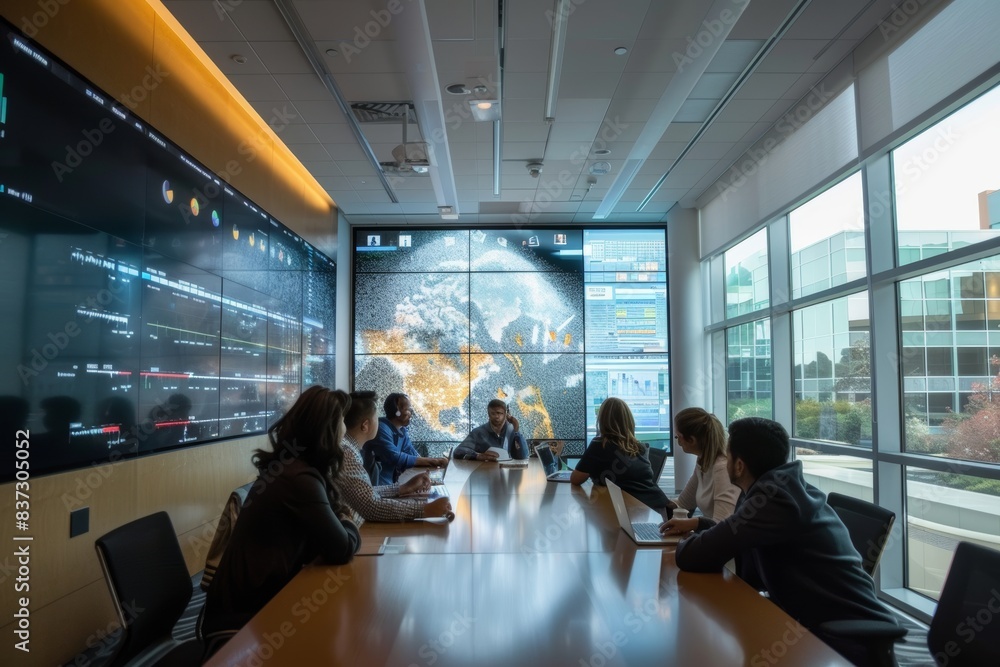 Poster team of dynamic executives analyzing data on grand screen in panoramic office space