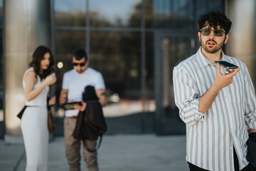 Casual businessman in sunglasses using voice control on his phone with a man and woman blurred in...