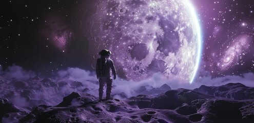 Fototapeta premium Astronaut Standing on an Alien Planet With a Large Moon in the Sky