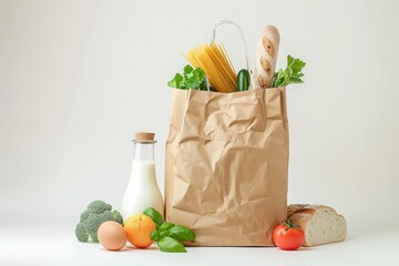 Fresh vegetables, pasta, bread, milk, eggs, panna cotta in grocery bag on white background