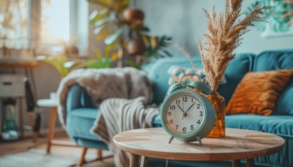 Bohemian style living room decor with alarm clock on round wooden table near sofa