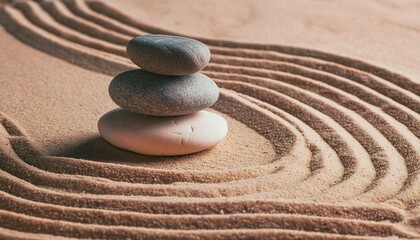 A Zen garden with smooth stones and raked sand