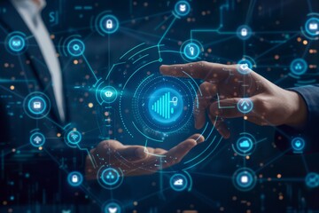 Obraz premium Businessman connecting to global network in virtual environment with technology icons