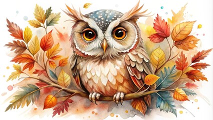 Whimsical owl in watercolor style for autumn designs