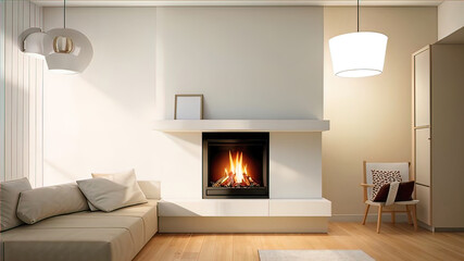 cozy place in home interior, soft sofa in front of burning fireplace, wall and photo frame, modern minimalist interior