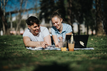 Happy school couple laughing and studying outdoors with a laptop, textbooks, and refreshing drinks on a sunny day.