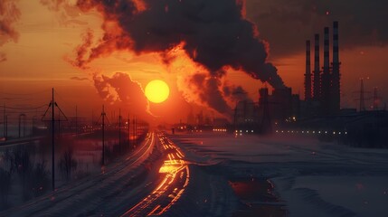 Winter sunset, silhouetted power plant with smoke from burned coal pipes visible