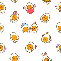 Cute kawaii boiled egg with funny faces. Seamless pattern. Cartoon happy food characters. Hand drawn style. Vector drawing. Design ornaments.