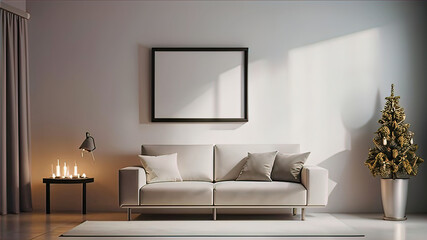cozy place in home interior, soft sofa in front of burning fireplace, wall and photo frame, modern minimalist interior